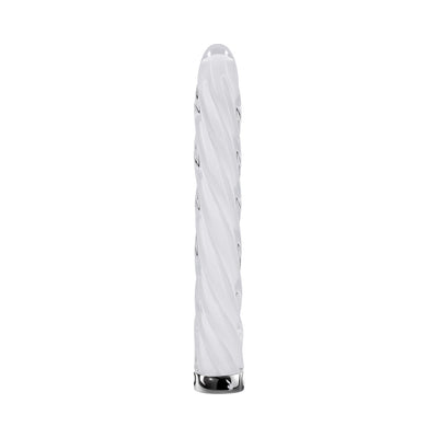 White glass vibrator with twisted spiral texture and silver base, standing upright on a white background.