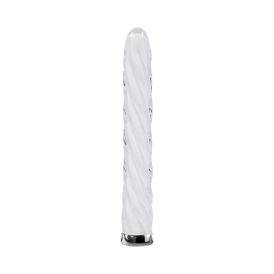 White glass vibrator with spiral texture and silver base, standing upright on a white background.