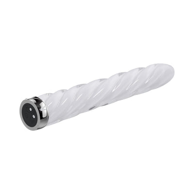 White glass vibrator with a twisted spiral design and a metallic base featuring control buttons.