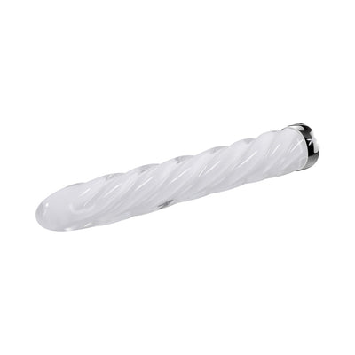 White glass vibrator with a twisted spiral design and a silver base featuring the Playboy logo.