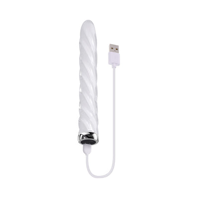 White spiral textured glass vibrator with USB charging cable and silver base detail on white background
