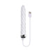 White spiral textured glass vibrator with USB charging cable and silver base detail on white background
