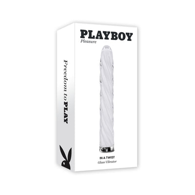 Packaging of Playboy In A Twist rechargeable white glass vibrator with spiral texture and sleek design.