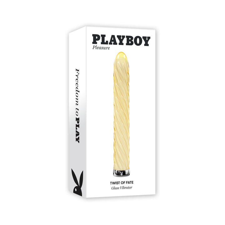 Packaging of Playboy Twist Of Fate rechargeable yellow glass vibrator with spiral design and sleek finish.
