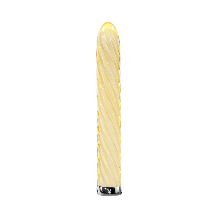 Yellow glass vibrator with spiral design and silver base featuring the Playboy logo, sleek and rechargeable.