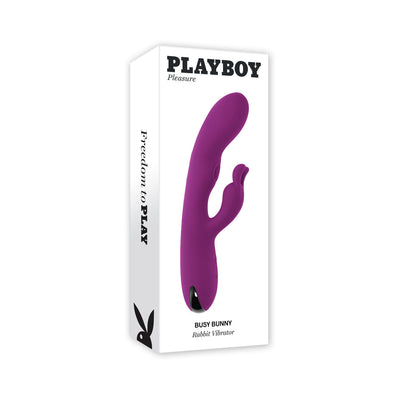 Purple Playboy Busy Bunny dual stimulator vibrator shown on white packaging box with black text and logo.