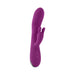 Purple silicone dual stimulator vibrator with curved tip and rabbit-shaped clitoral stimulator, featuring control buttons and sleek design.
