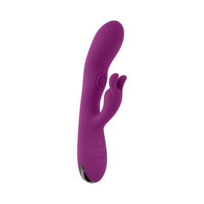 Purple silicone dual stimulator vibrator with curved tip and dual flexible arms, featuring control buttons and sleek design.