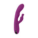 Purple silicone dual stimulator vibrator with curved tip and rabbit-shaped clitoral stimulator.