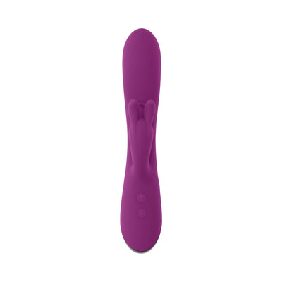 Purple silicone dual stimulator vibrator with rabbit-shaped clitoral stimulator and control buttons on handle.