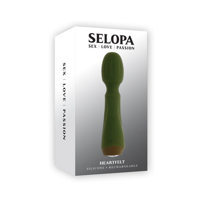 Selopa Heartfelt rechargeable mini wand vibrator in green silicone with sleek packaging showing product image and branding.