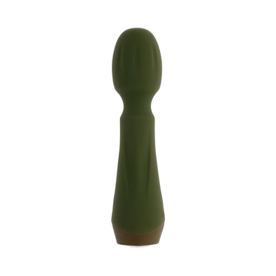 Compact green silicone mini wand vibrator with rounded head and ergonomic handle, designed for versatile use.