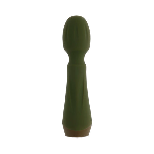 Compact green silicone mini wand vibrator with rounded head and ergonomic handle, designed for versatile use.