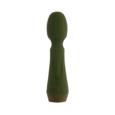 Green silicone rechargeable mini wand vibrator with a rounded head and ergonomic handle.