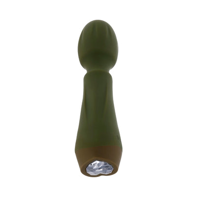 Green silicone mini wand vibrator with textured head and heart-shaped gem button on the base, shown on white background.