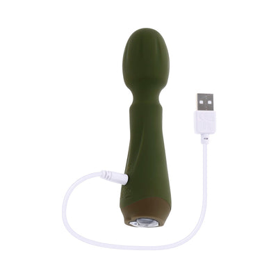 Green silicone rechargeable mini wand vibrator with USB charging cable and heart-shaped control button.