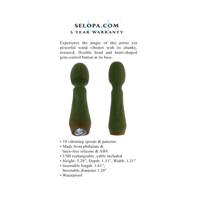 Green silicone rechargeable mini wand vibrator with textured flexible head and heart-shaped gem control button, shown front and back.