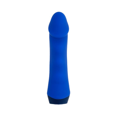 Blue silicone rechargeable vibrator with curved head and textured shaft, designed for versatile stimulation.