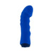 Blue silicone rechargeable vibrator with curved head and textured shaft for targeted stimulation.