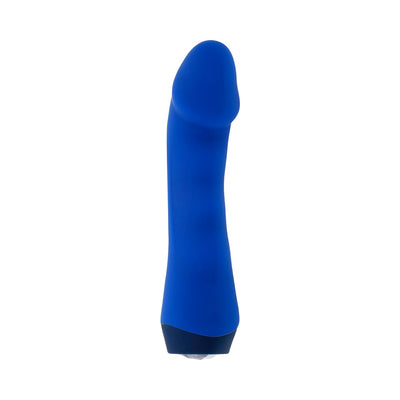 Blue silicone rechargeable vibrator with curved head and textured shaft, designed for versatile stimulation.