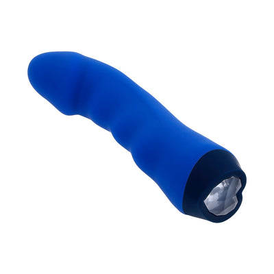 Blue silicone rechargeable vibrator with curved textured shaft and heart-shaped gem control button.