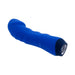 Blue silicone rechargeable vibrator with curved textured shaft and heart-shaped gem control button.