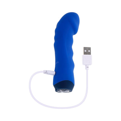 Blue silicone rechargeable vibrator with curved textured shaft and USB charging cable on white background