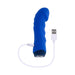 Blue silicone rechargeable vibrator with curved textured shaft and USB charging cable on white background