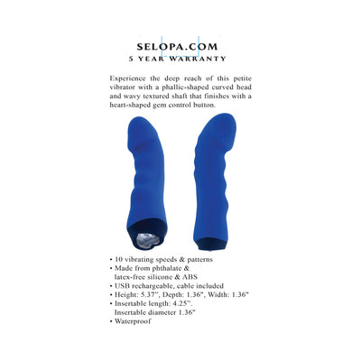 Blue silicone rechargeable vibrator with curved textured shaft and heart-shaped gem control button shown from two angles.