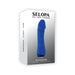 Packaging of Selopa Blue Banger rechargeable silicone vibrator in blue with sleek, curved design and heart-shaped gem control button.
