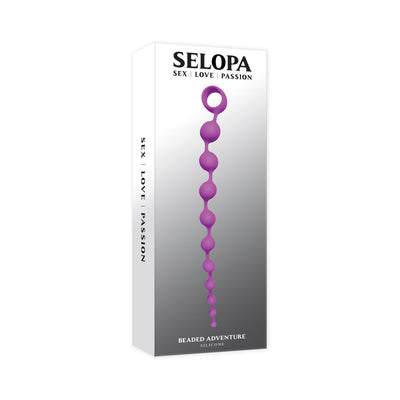 Packaging of Selopa Beaded Adventure purple silicone beads with a retrieval ring, designed for safe and pleasurable use.