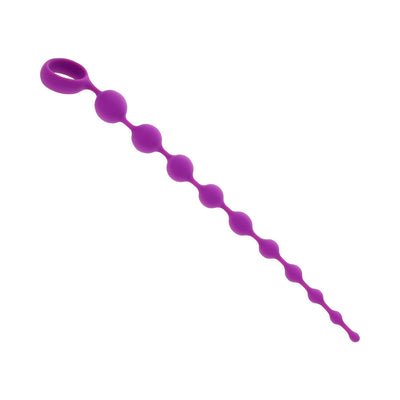Purple silicone beaded toy with graduated sizes and a loop handle for easy retrieval.