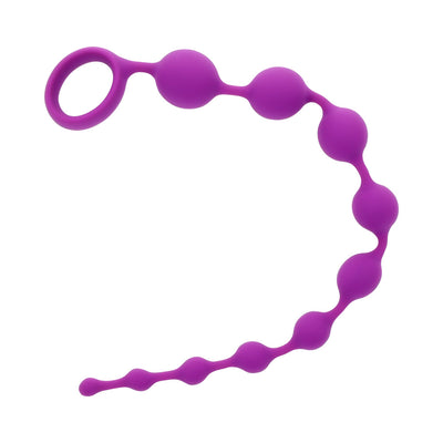 Purple silicone beaded adventure toy with graduated beads and a large retrieval ring on a white background.