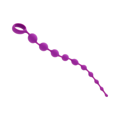 Purple silicone beaded adventure toy with graduated beads and a loop handle for easy retrieval.