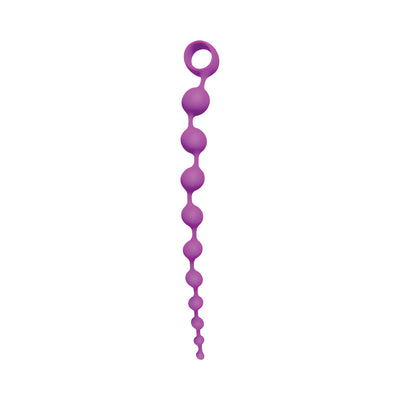 Purple silicone beaded adventure toy with graduated beads and a circular retrieval ring on a white background.