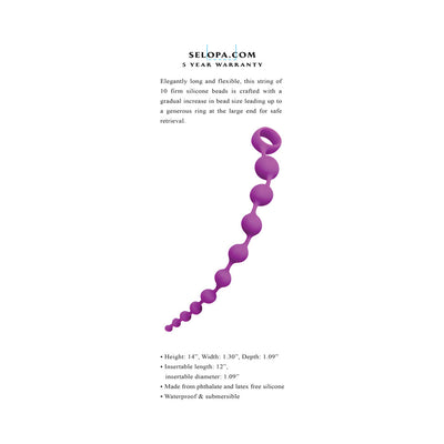 Purple silicone beaded adventure toy with 10 graduated beads and a large retrieval ring, waterproof and body-safe design.