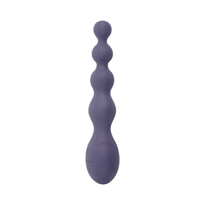 Purple silicone rechargeable anal vibrator with graduated beaded design and ergonomic handle on white background