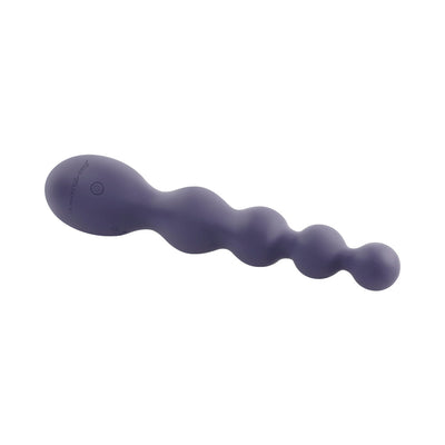 Purple silicone anal vibrator with graduated beads and a rounded handle featuring a single power button.