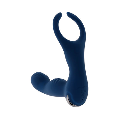 Blue rechargeable silicone prostate vibrator with flexible open-ended ring and textured shaft, designed for remote control use.