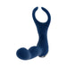 Blue silicone rechargeable prostate vibrator with flexible open-ended ring and textured shaft, shown on white background.