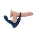 Blue silicone rechargeable prostate vibrator displayed on a realistic flesh-toned model with remote control.
