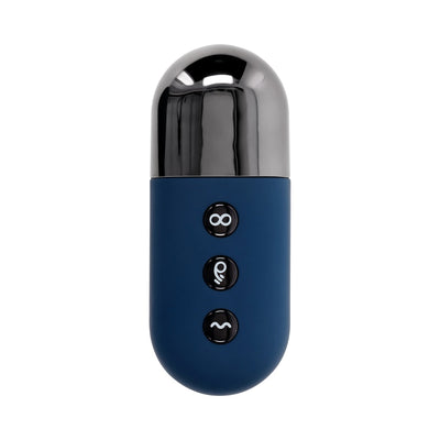 Blue and silver remote control with three black buttons for vibrating prostate massager settings