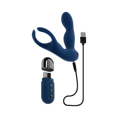 Blue silicone prostate vibrator with remote control and USB charging cable on white background.
