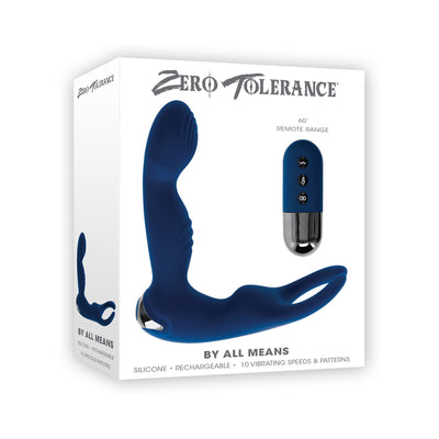 Blue silicone rechargeable prostate vibrator with remote control shown on white product packaging box.