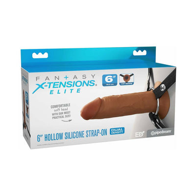 Packaging of Fantasy X-Tensions Elite 6-inch hollow silicone strap-on with adjustable black nylon harness.