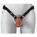 Front view of brown 6-inch hollow silicone strap-on with black adjustable nylon harness on mannequin.