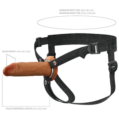 Brown 6-inch hollow silicone strap-on with adjustable black nylon harness for waist sizes 24 to 53 inches.