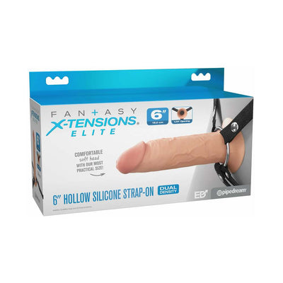 Packaging of Fantasy X-Tensions Elite 6-inch hollow silicone strap-on with adjustable black nylon harness.
