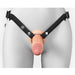 Brown 6-inch hollow silicone strap-on with black adjustable nylon harness displayed on a mannequin.