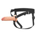 6-inch realistic brown silicone hollow strap-on with adjustable black nylon harness on white background